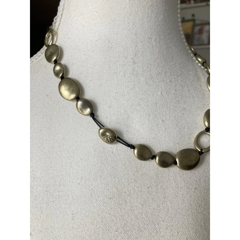 Matte Gold Tone Disc Necklace Black Cord‎ Oval Beads Tarnished Look Minimalist